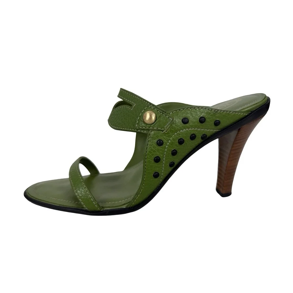 Tod's Womens EU 40.5 US 10.5 Studded High Heel Sandals Green Leather Casual